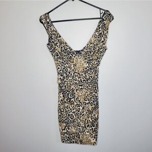 Selé S Women's Midi Bodycon Tiered Layer Dress Gold Sparkly Leopard Cheetah